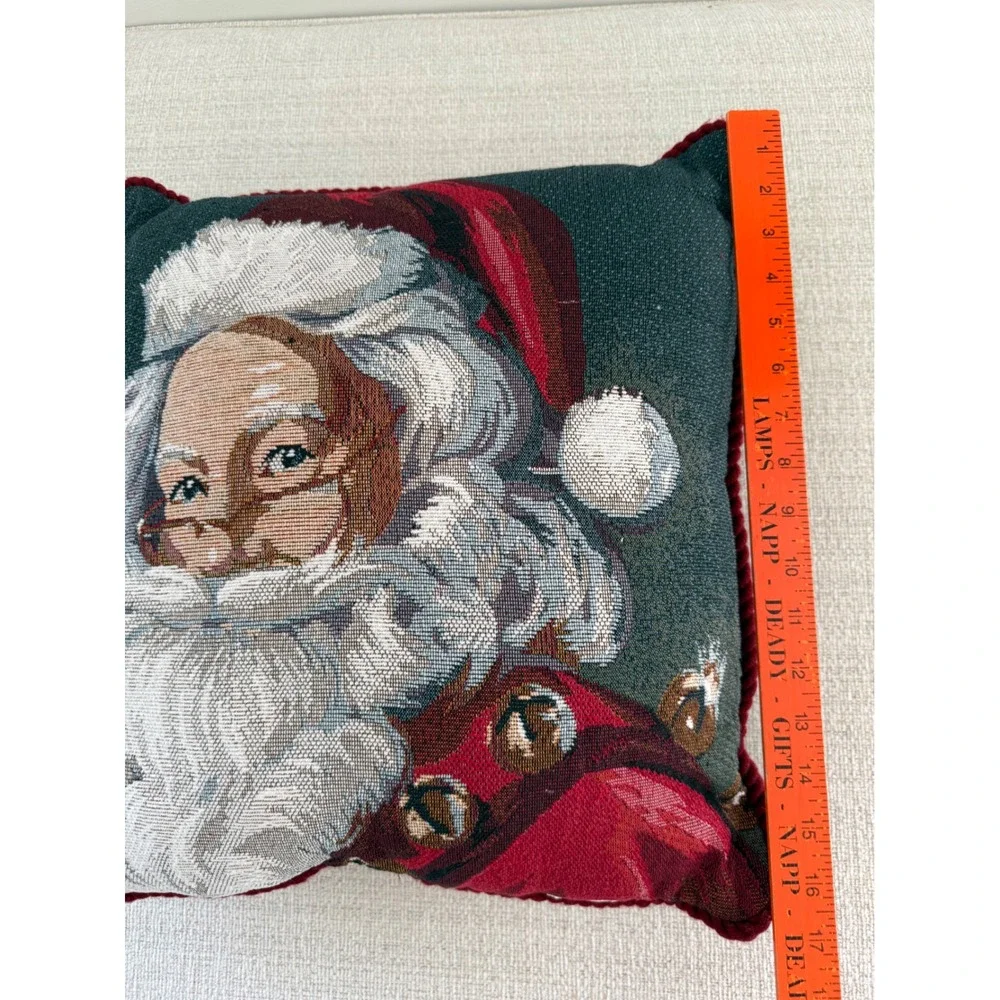 Santa Claus Tapestry‎ Textured Christmas 2 Sided Pillow Red Cord Trim 17x17